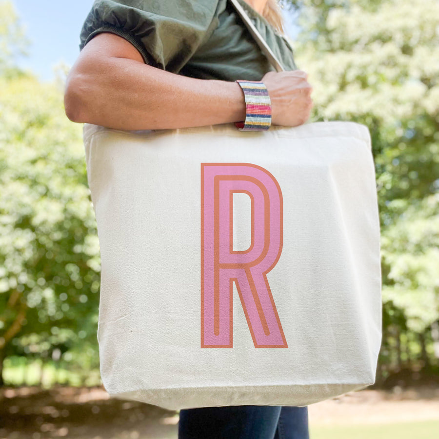 Canvas Tote - Single Initial - Pink Orange - NEW!