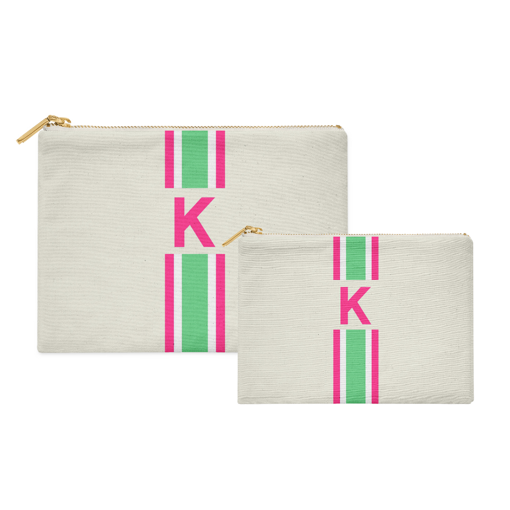 Bundle - Stripe Flat Zip Pouch - Green Pink