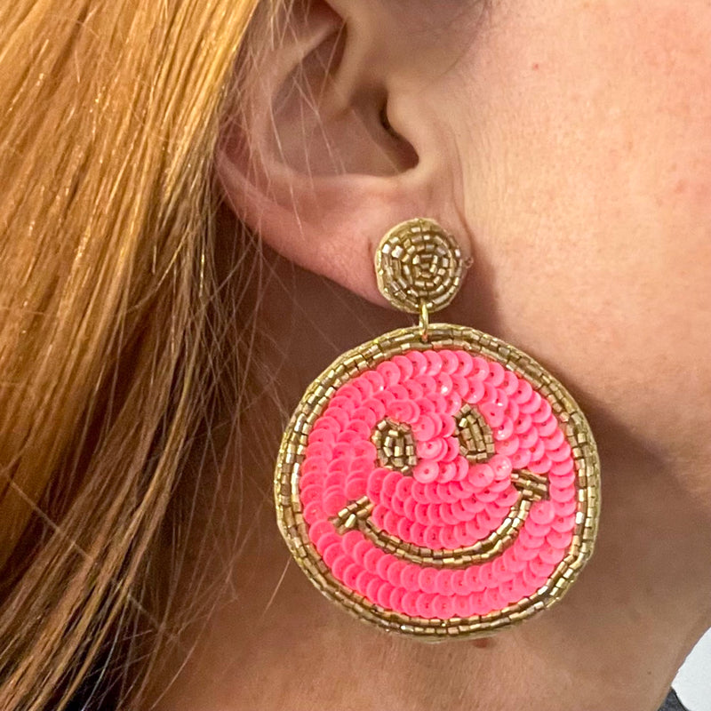 Smiley Face Blue Beaded Earrings